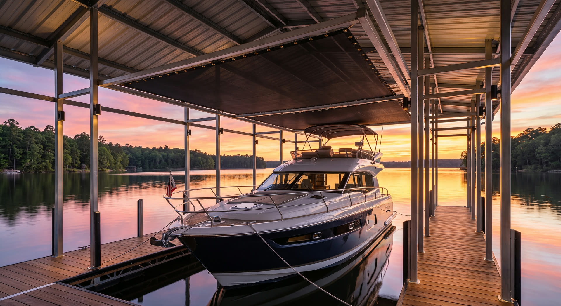 Motor yacht moored in a covered slip at sunset, with spider netting overhead