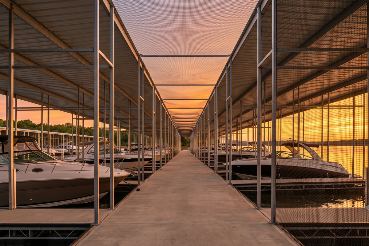 Netting installed along an entire row of covered marina slips at sunset